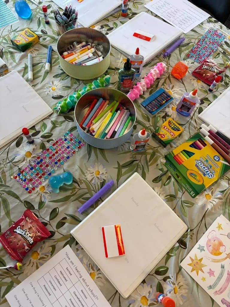 Back-to-school coping skills and feelings worksheet at a Young Sprouts Therapy vision board workshop table in Thornhill for ages 10 to 14