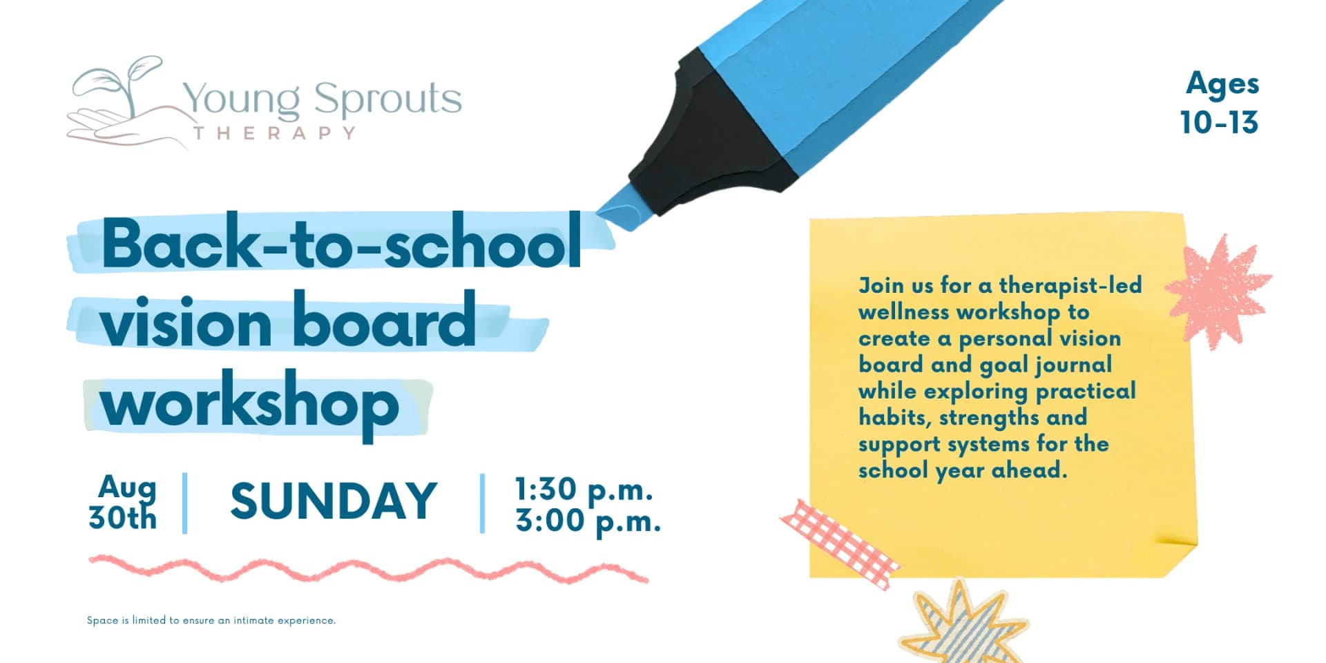 Back-to-School Vision Board Workshop banner: Young Sprouts Therapy, ages 10 to 13, Sunday August 30, 1:30 to 3:00 p.m.