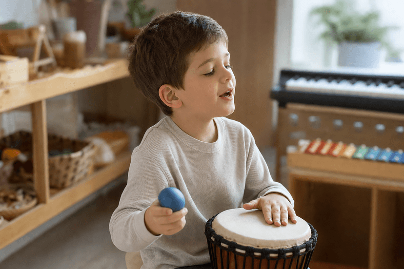 Young child gently singing while holding a small egg shaker in a warm therapy playroom, illustrating how autistic children may use song before speech Young child gently singing while holding a small egg shaker in a warm therapy playroom, illustrating how autistic children may use song before speech