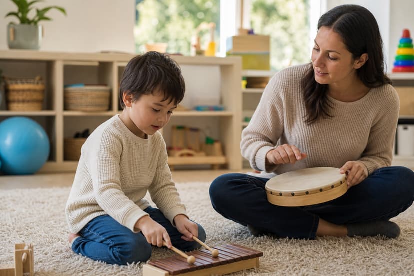Child playing a wooden xylophone beside an adult holding a hand drum in a calm playroom, illustrating music-based sensory regulation for autistic children Child playing a wooden xylophone beside an adult holding a hand drum in a calm playroom, illustrating music-based sensory regulation for autistic children