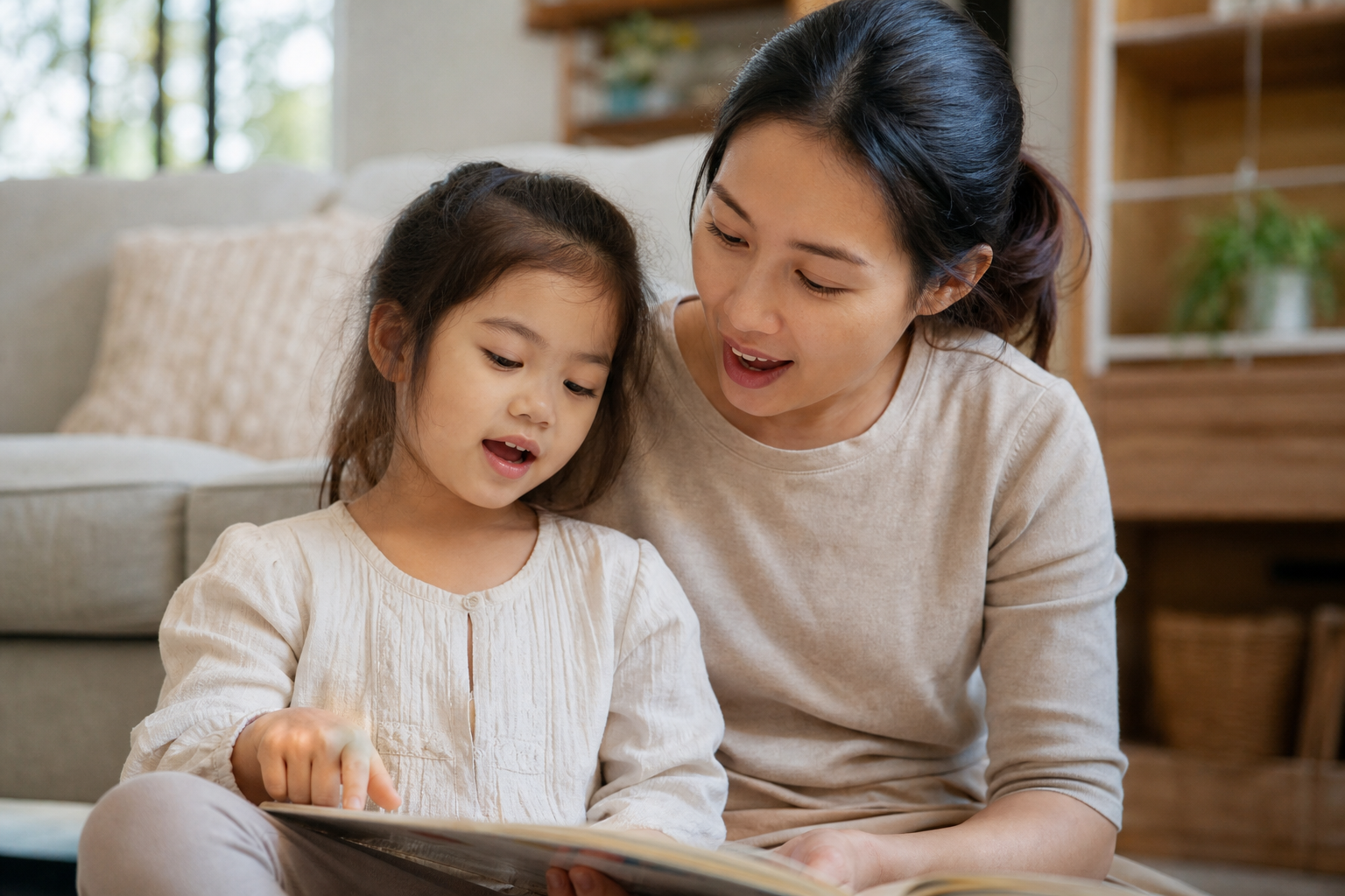 Parent and young child sitting on the living room floor sharing a picture book, pointing at the same page in a calm, low-pressure language moment