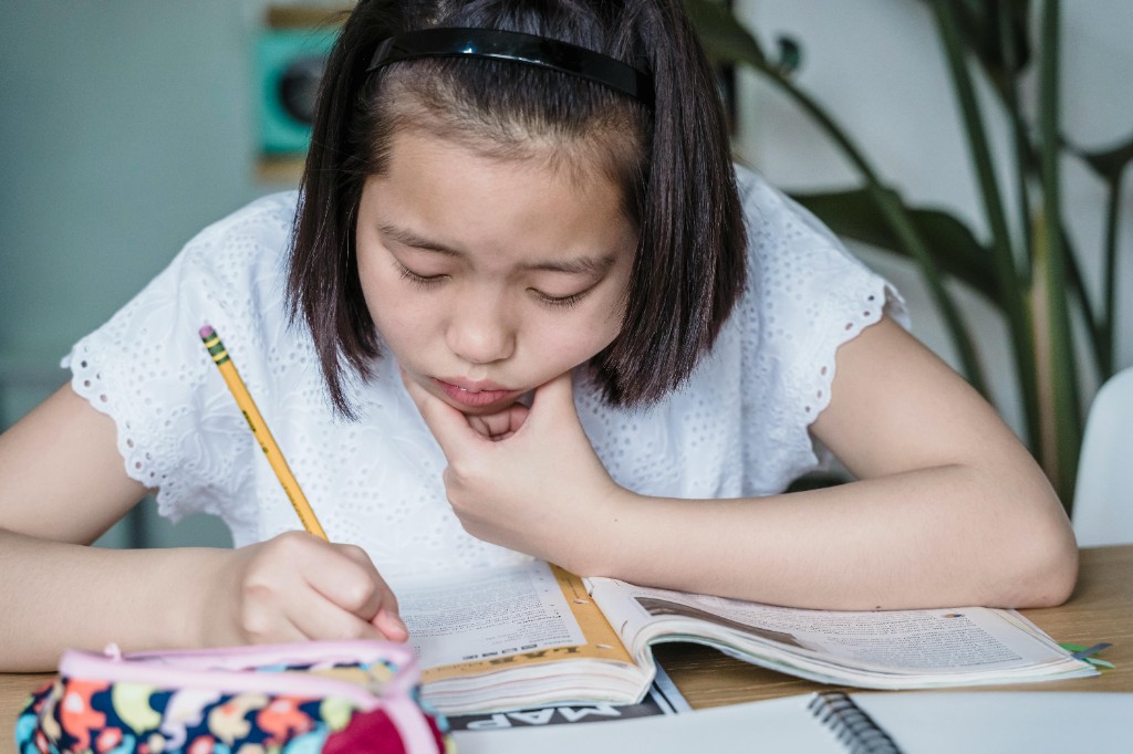 A school-age girl studying with intense focus and a furrowed brow, pencil poised over her textbook — excessive re-reading and perfectionism during homework can signal childhood OCD checking compulsions